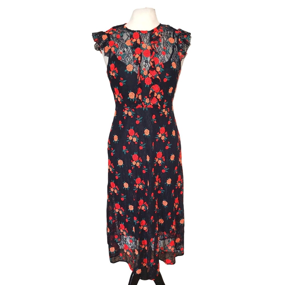 Zara Woman Black Embroidered Lace Red Floral Cottage Fairy Country Boho Dress M - Picture 2 of 11